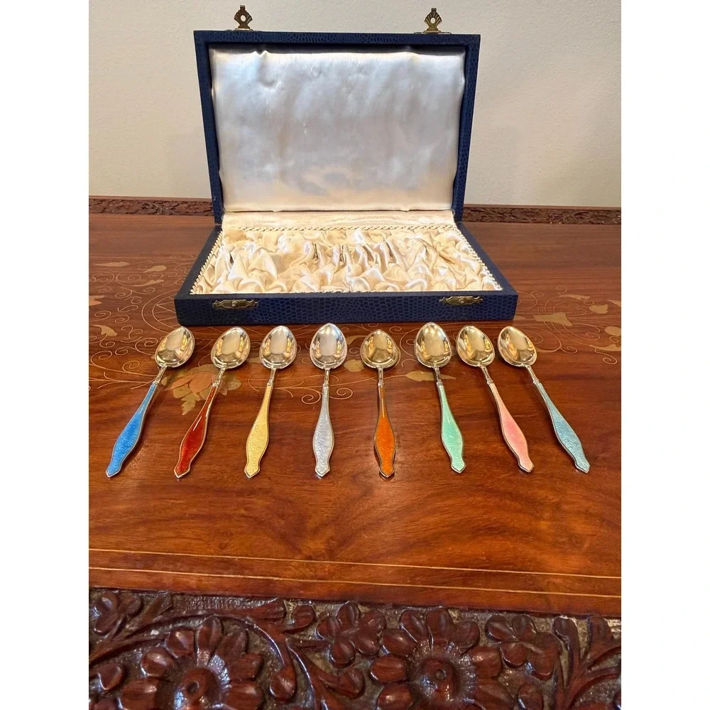 Vintage‎ Norwegian Sterling Silver Enamel Demitasse Spoon Set with Box